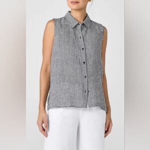 Eileen Fisher Classic Gingham Sleeveless Organic Linen Button Up Shirt Blouse
